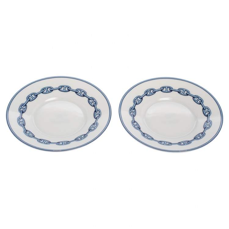 Pre Owned Hermes Blue Porcelain Chaine d'Ancre 4-Piece Tea Cup And Saucer Set