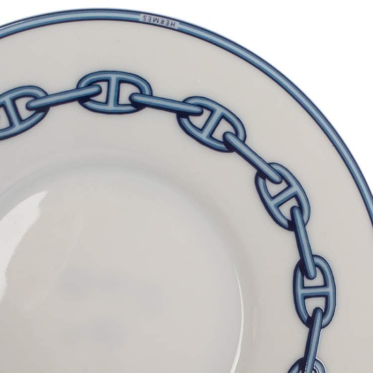 Pre Owned Hermes Blue Porcelain Chaine d'Ancre 4-Piece Tea Cup And Saucer Set