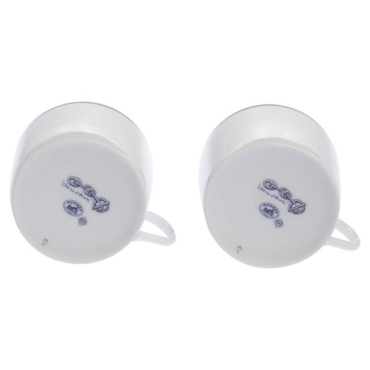 Pre Owned Hermes Blue Porcelain Chaine d'Ancre 4-Piece Tea Cup And Saucer Set