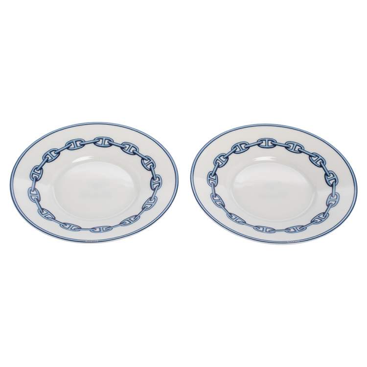 Pre Owned Hermes Blue Porcelain Chaine d'Ancre 4-Piece Tea Cup And Saucer Set