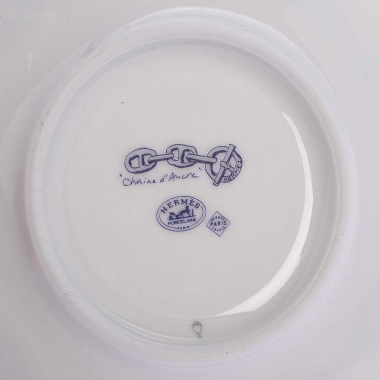 Pre Owned Hermes Blue Porcelain Chaine d'Ancre 4-Piece Tea Cup And Saucer Set