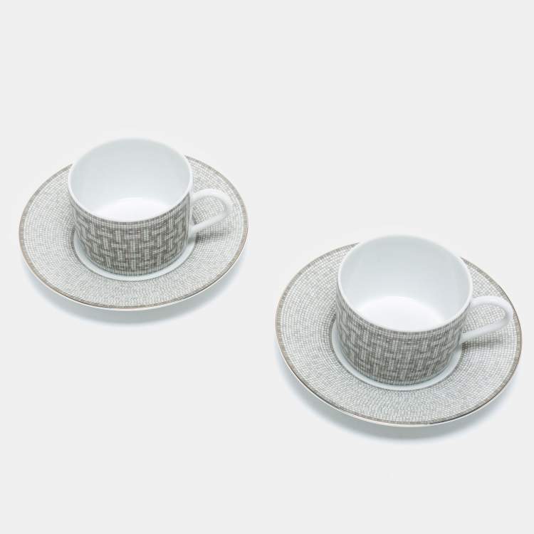Pre Owned Hermes Mosaique AU 24 Platinum Tea Cup And Saucer Set