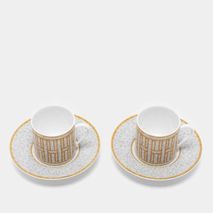Pre Owned Hermes Mosaique AU 24 Gold Coffee Cup And Saucer Set