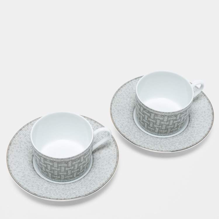 Pre Owned Hermes Mosaique AU 24 Platinum Tea Cup And Saucer Set