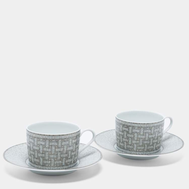 Pre Owned Hermes Mosaique AU 24 Platinum Tea Cup And Saucer Set