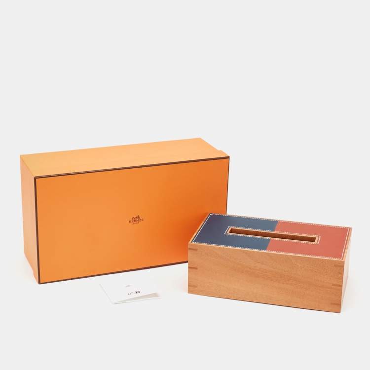Pre Owned Hermès Brique /Bleu Regate Mahogany Wood and Taurillon Leather Small Pleiade Tissue Box