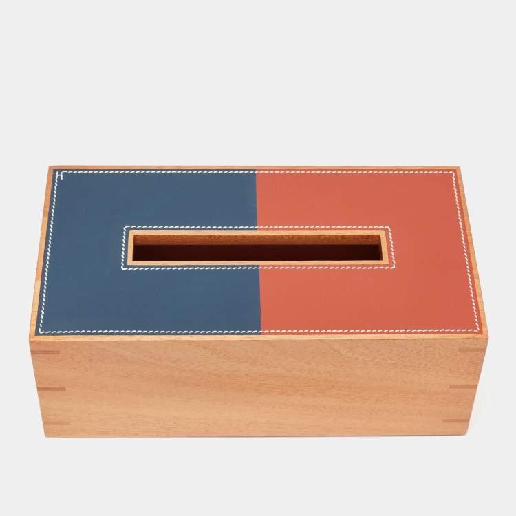 Pre Owned Hermès Brique /Bleu Regate Mahogany Wood and Taurillon Leather Small Pleiade Tissue Box