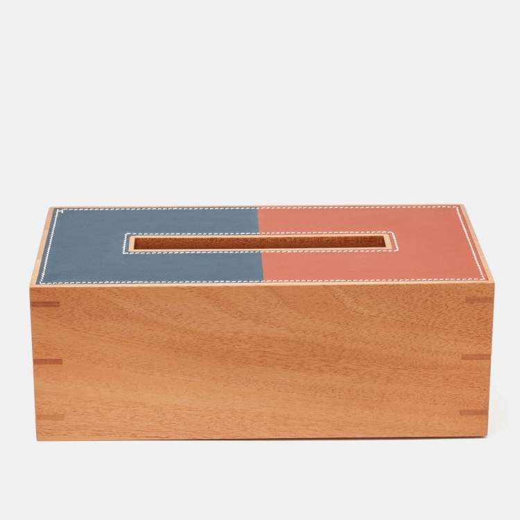 Pre Owned Hermès Brique /Bleu Regate Mahogany Wood and Taurillon Leather Small Pleiade Tissue Box