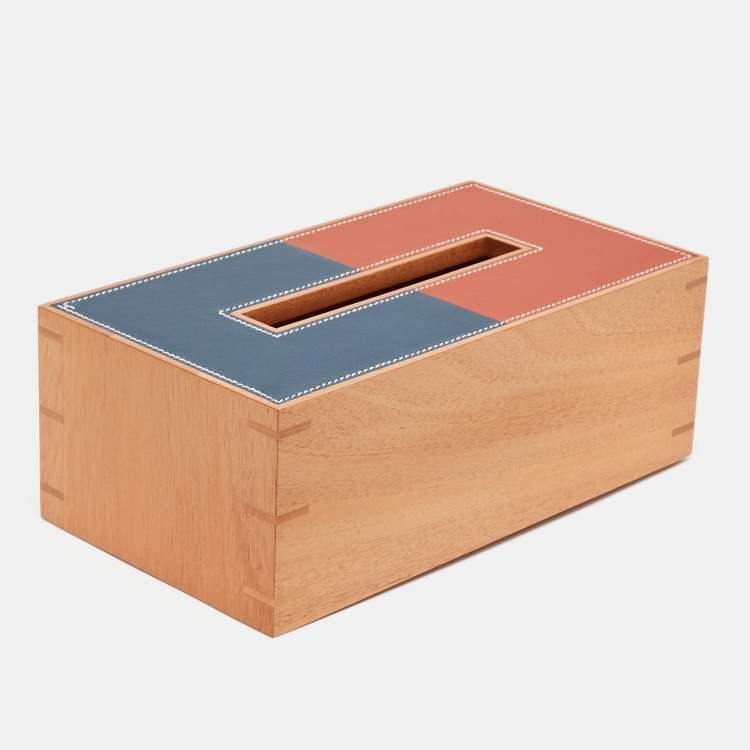 Pre Owned Hermès Brique /Bleu Regate Mahogany Wood and Taurillon Leather Small Pleiade Tissue Box