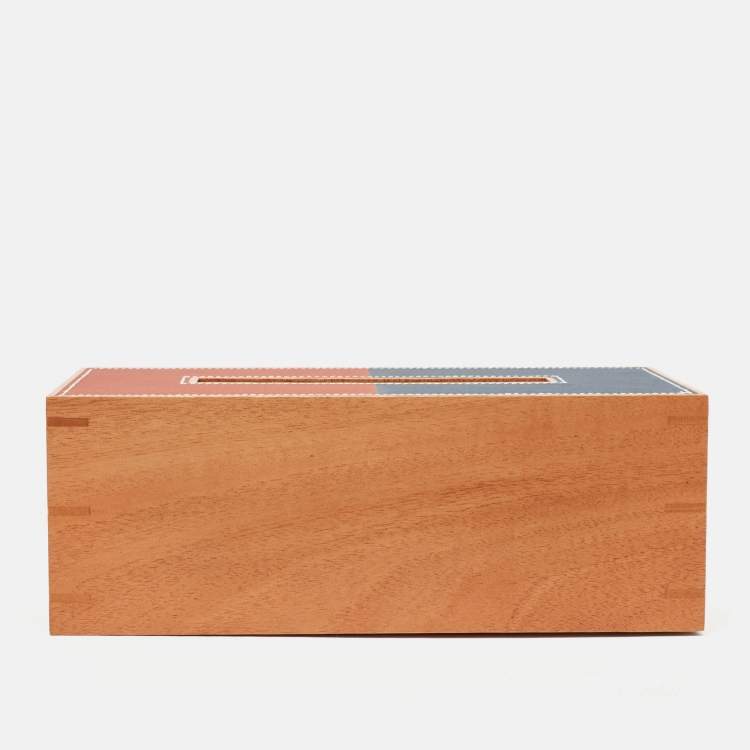Pre Owned Hermès Brique /Bleu Regate Mahogany Wood and Taurillon Leather Small Pleiade Tissue Box