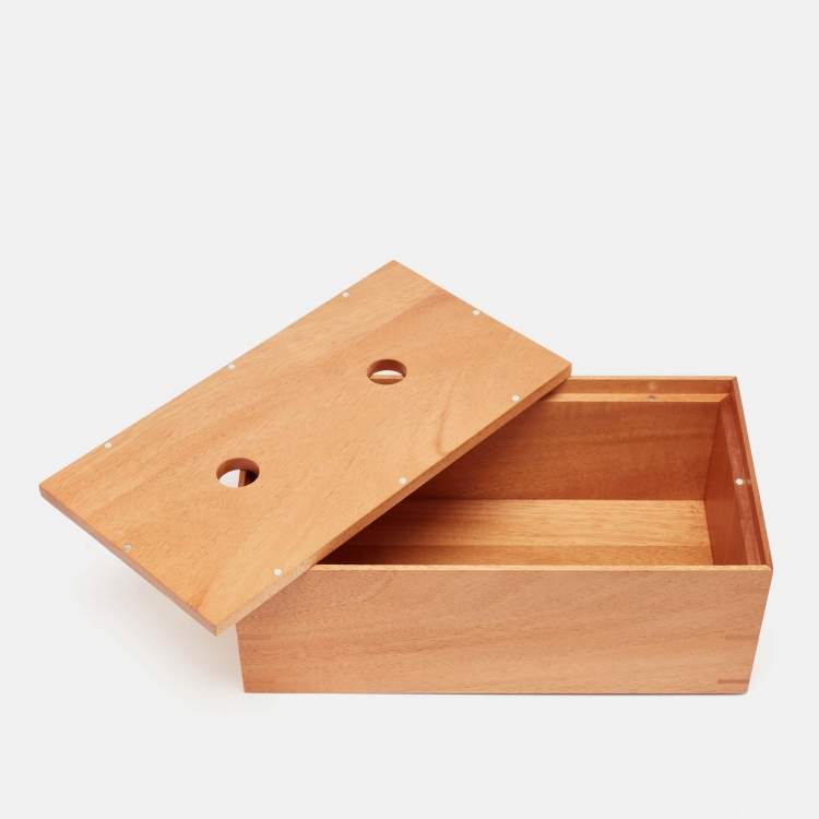 Pre Owned Hermès Brique /Bleu Regate Mahogany Wood and Taurillon Leather Small Pleiade Tissue Box