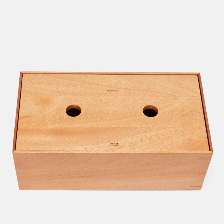 Pre Owned Hermès Brique /Bleu Regate Mahogany Wood and Taurillon Leather Small Pleiade Tissue Box