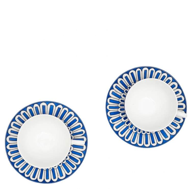 Pre Owned Hermes Blue Porcelain Bleus d'Ailleurs Footed Tea Cup and 2 Saucer