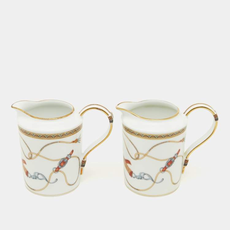 Pre Owned Hermes White Cheval d'Orient Creamer Set of 2