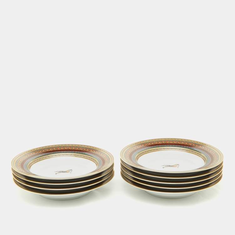 Pre Owned Hermes White Cheval d’Orient Rimmed Porcelain Soup Plates Set of 9 