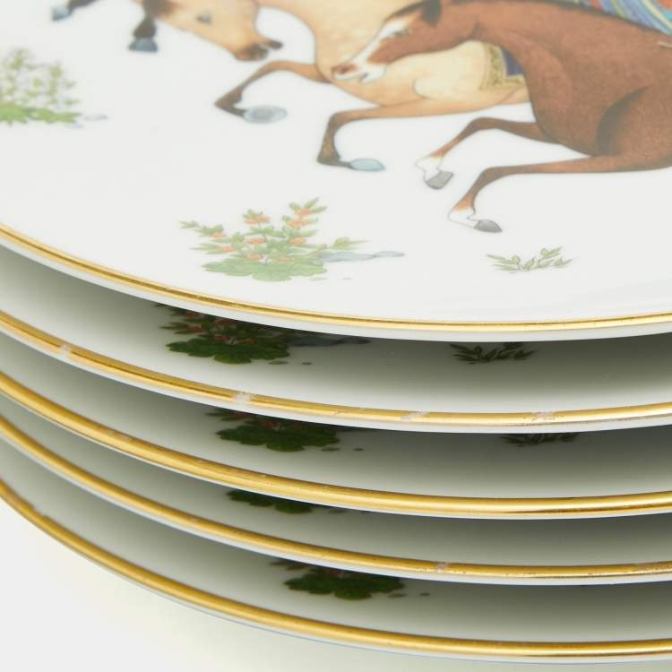Pre Owned Hermes White Cheval d’Orient  Printed Porcelain Dessert Plates Set of 10