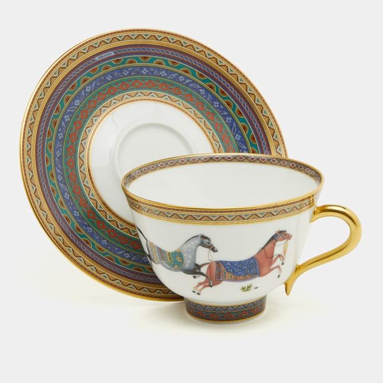Hermes Cheval d'Orient Printed Porcelain Teacup & Saucer Set of 11 Hermes