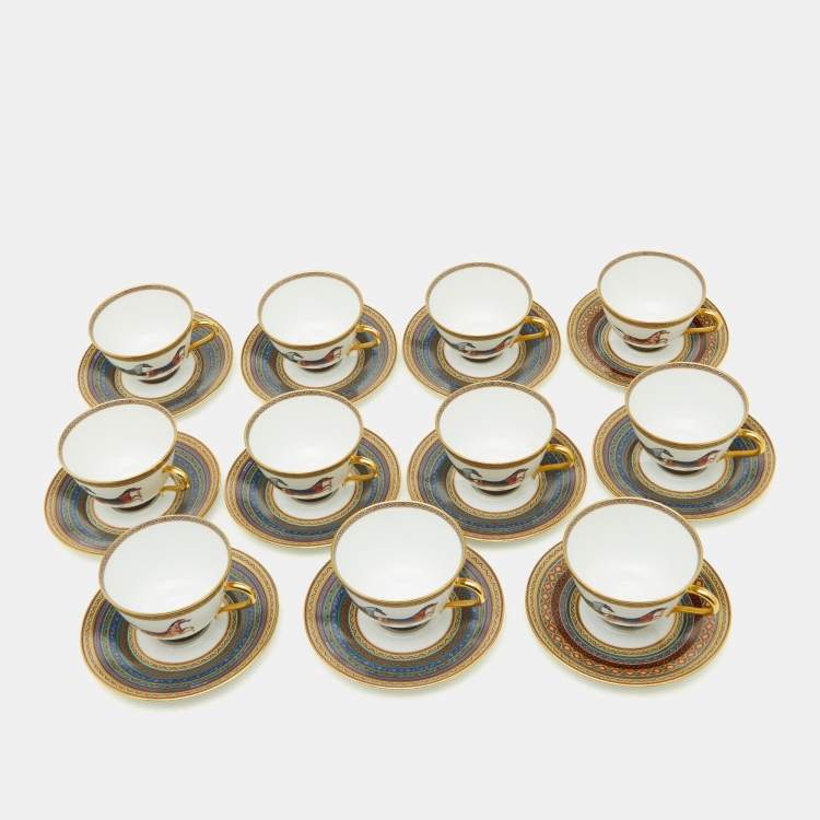 Pre Owned Hermes Cheval d'Orient Printed Porcelain Teacup & Saucer Set of 11