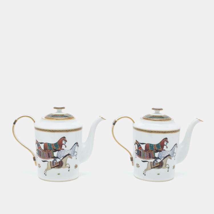Pre Owned Hermès White Cheval d’Orient Printed Porcelain Teapots Set of 2