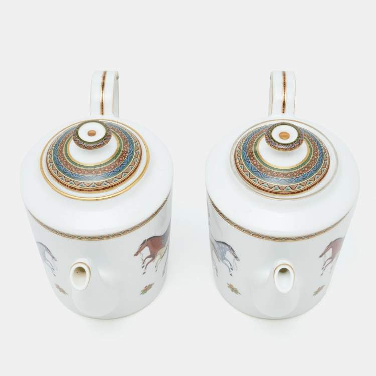 Pre Owned Hermès White Cheval d’Orient Printed Porcelain Teapots Set of 2