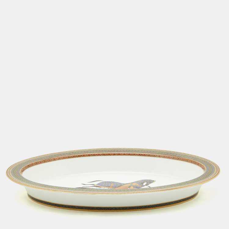 Pre Owned Hermès Cheval d’Orient White Printed Porcelain Vegetable Dish 