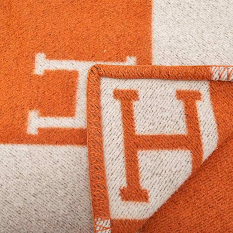 Pre Owned Hermes Orange/Cream Avalon Wool Throw Blanket
