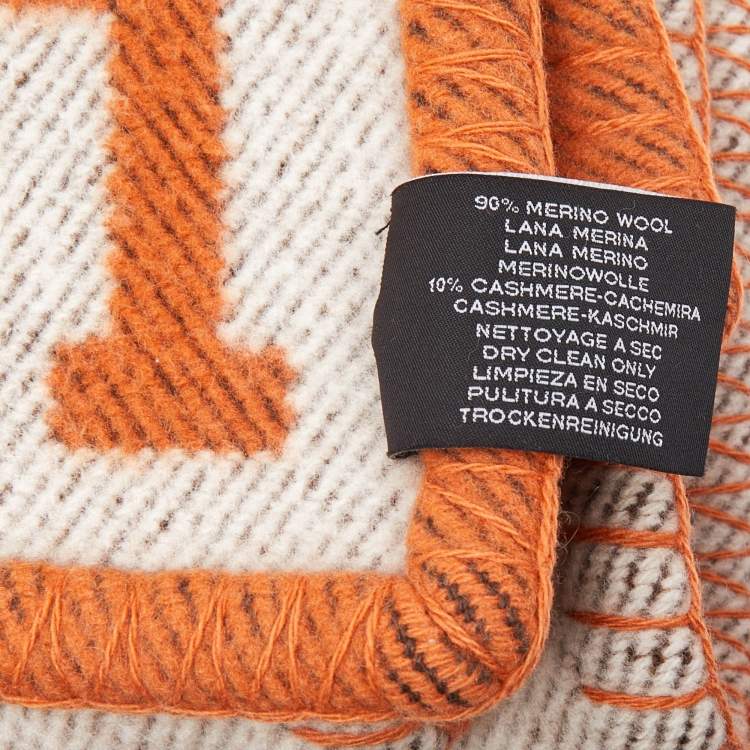 Pre Owned Hermes Orange/Cream Avalon Wool Throw Blanket