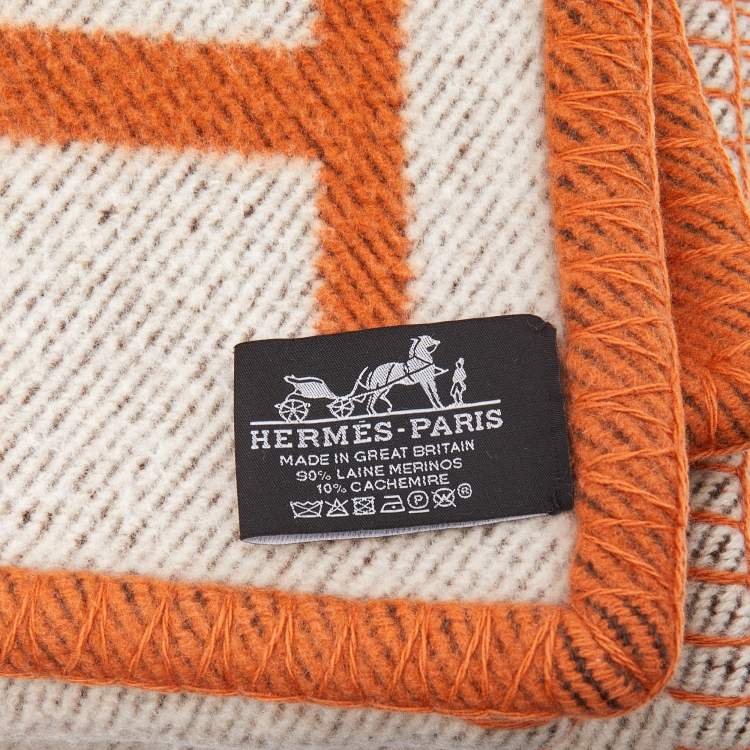 Pre Owned Hermes Orange/Cream Avalon Wool Throw Blanket
