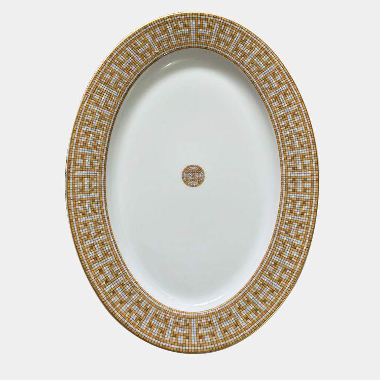 Pre Owned Hermes White and Gold Mosaique au 24 Small Oval Platter