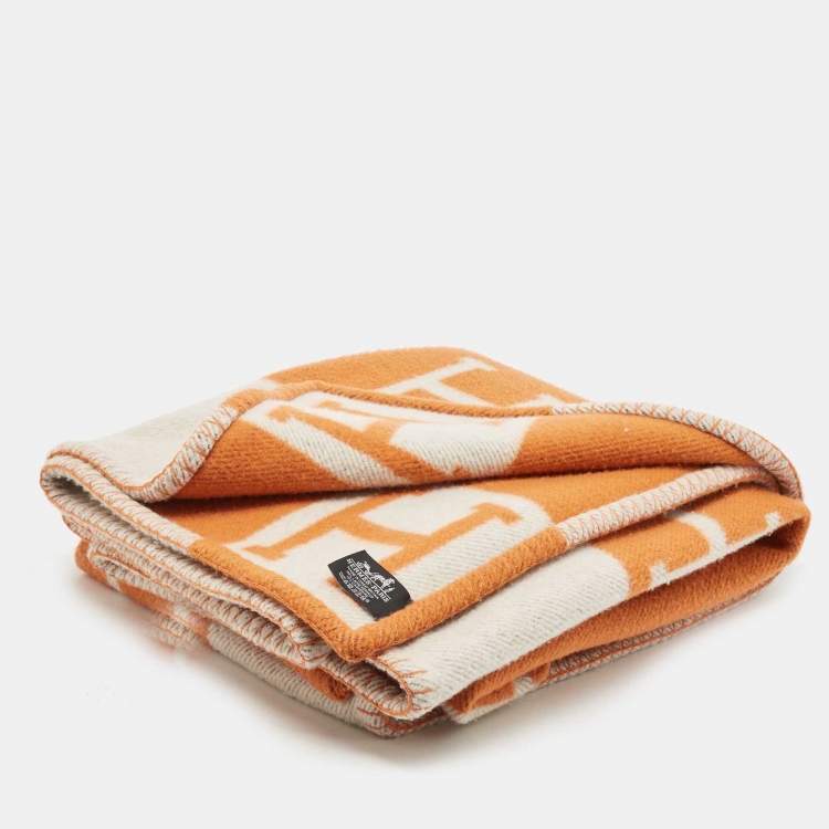 Pre Owned Hermes Orange/Cream Avalon Wool Throw Blanket