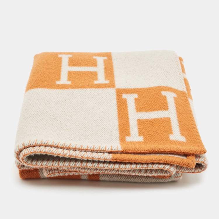 Pre Owned Hermes Orange/Cream Avalon Wool Throw Blanket
