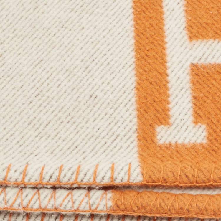 Pre Owned Hermes Orange/Cream Avalon Wool Throw Blanket