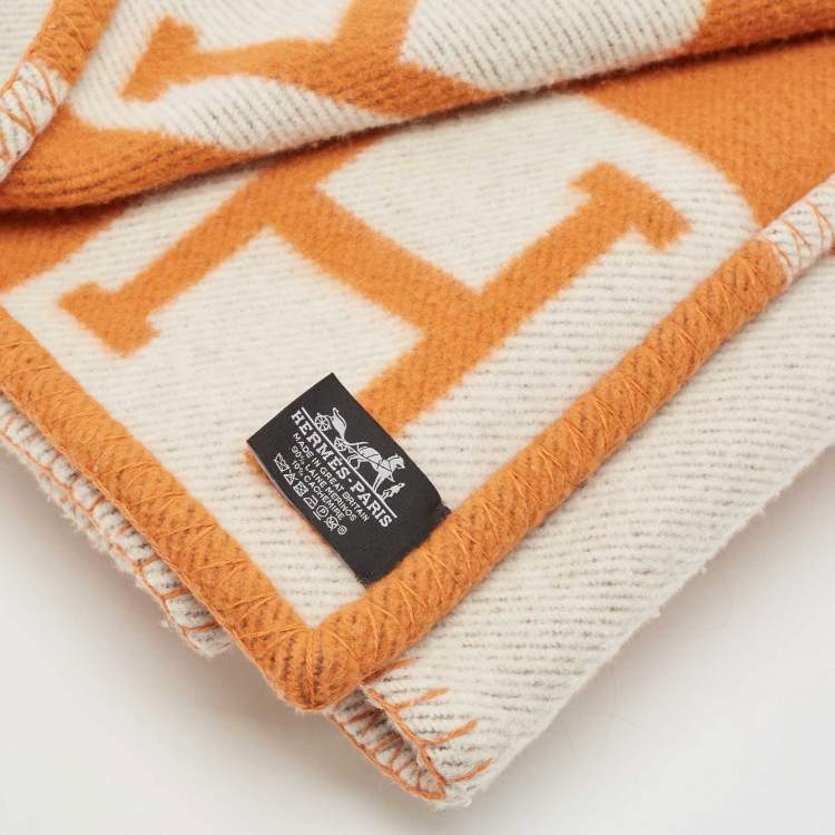 Pre Owned Hermes Orange/Cream Avalon Wool Throw Blanket