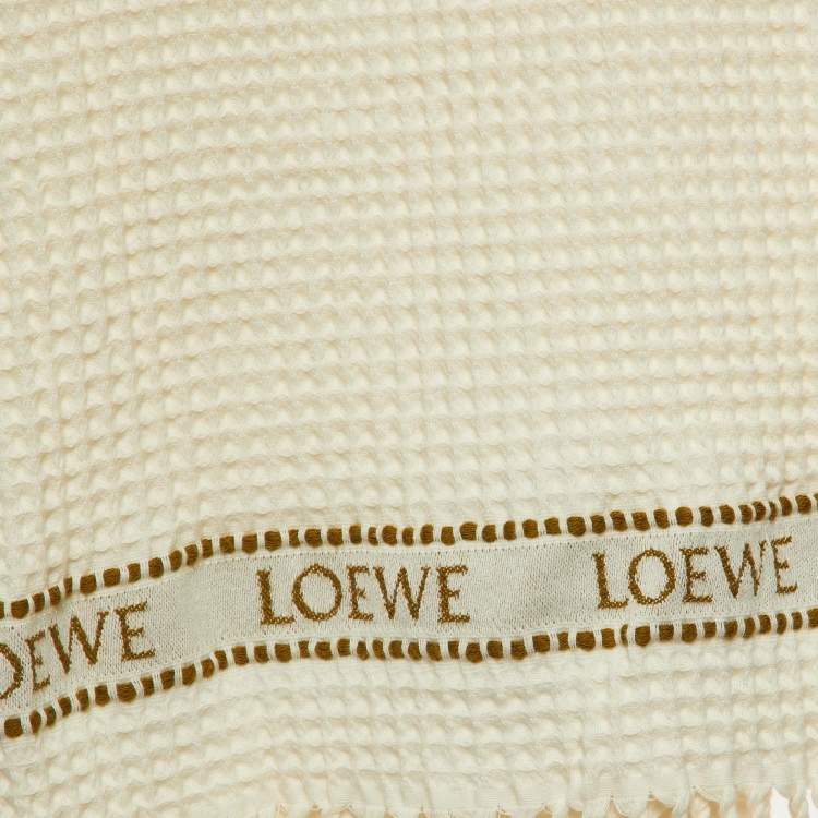 Pre Owned Loewe Ivory Logo Cotton Waffle Fringed Beach Towel 