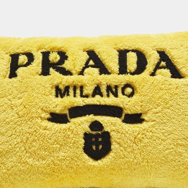 Pre Owned Prada Yellow Logo Embroidered Fleece Cushion 25 cm x 40 cm