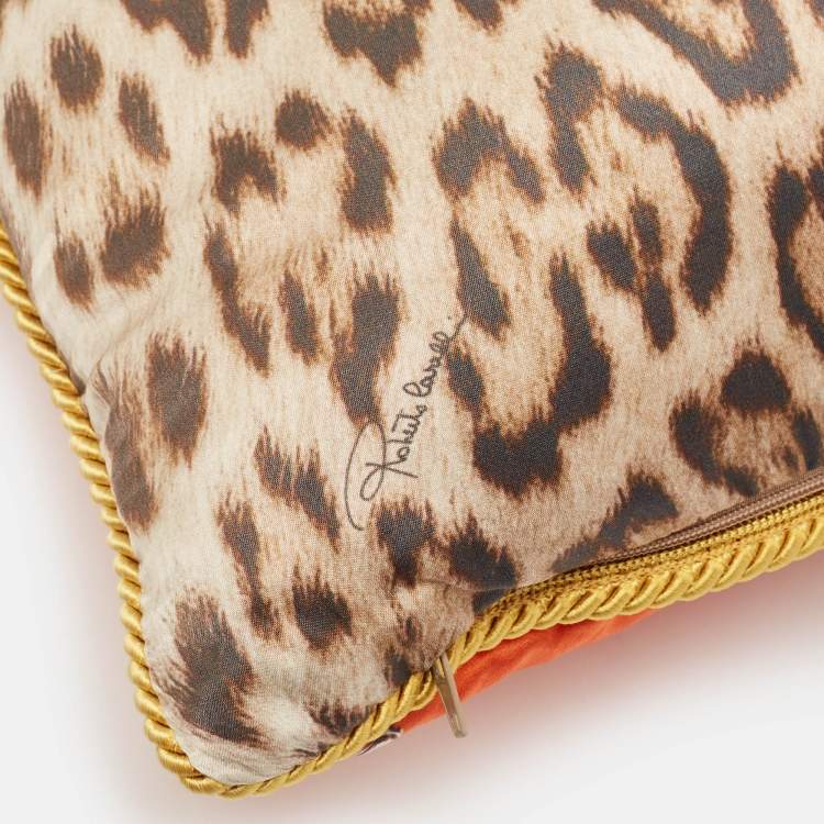 Pre Owned Roberto Cavalli Home Orange/Brown Leopard Print Satin Silk Cushion 41cm x 41cm