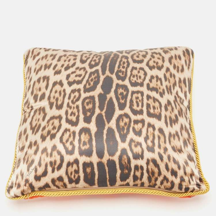 Pre Owned Roberto Cavalli Home Orange/Brown Leopard Print Satin Silk Cushion 41cm x 41cm