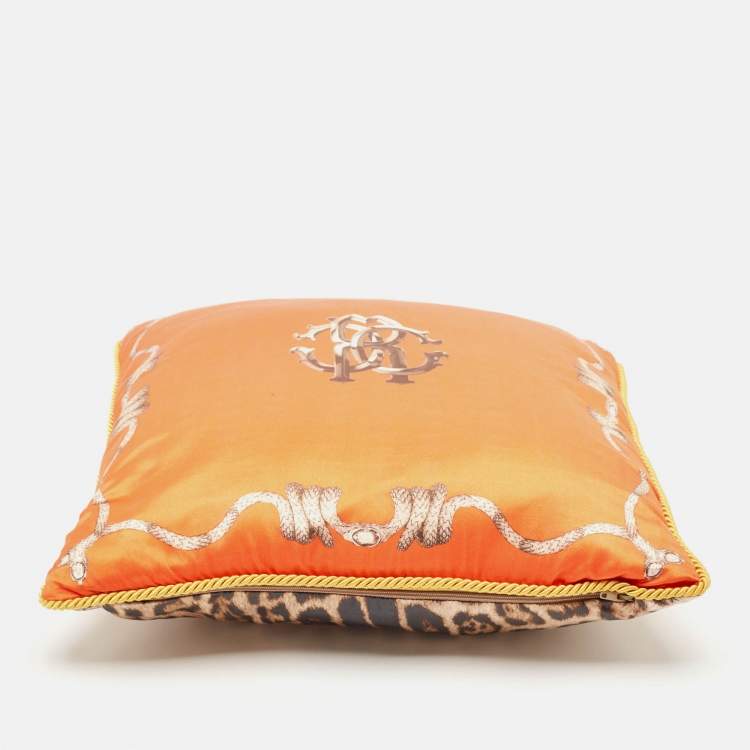Pre Owned Roberto Cavalli Home Orange/Brown Leopard Print Satin Silk Cushion 41cm x 41cm