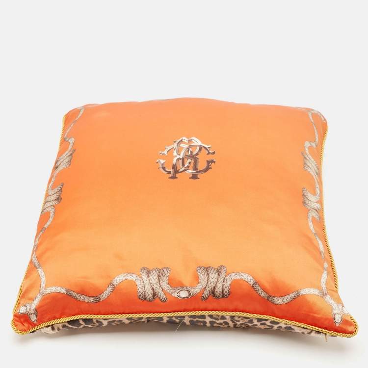 Pre Owned Roberto Cavalli Orange/Brown Leopard Print Satin Silk Cushion 59cm x 59cm