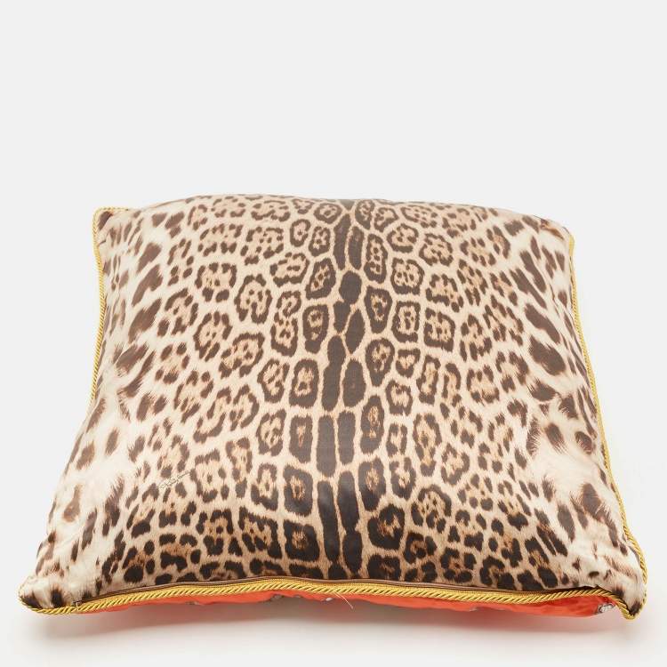 Pre Owned Roberto Cavalli Orange/Brown Leopard Print Satin Silk Cushion 59cm x 59cm