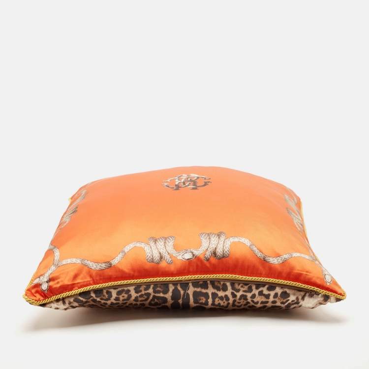 Pre Owned Roberto Cavalli Orange/Brown Leopard Print Satin Silk Cushion 59cm x 59cm