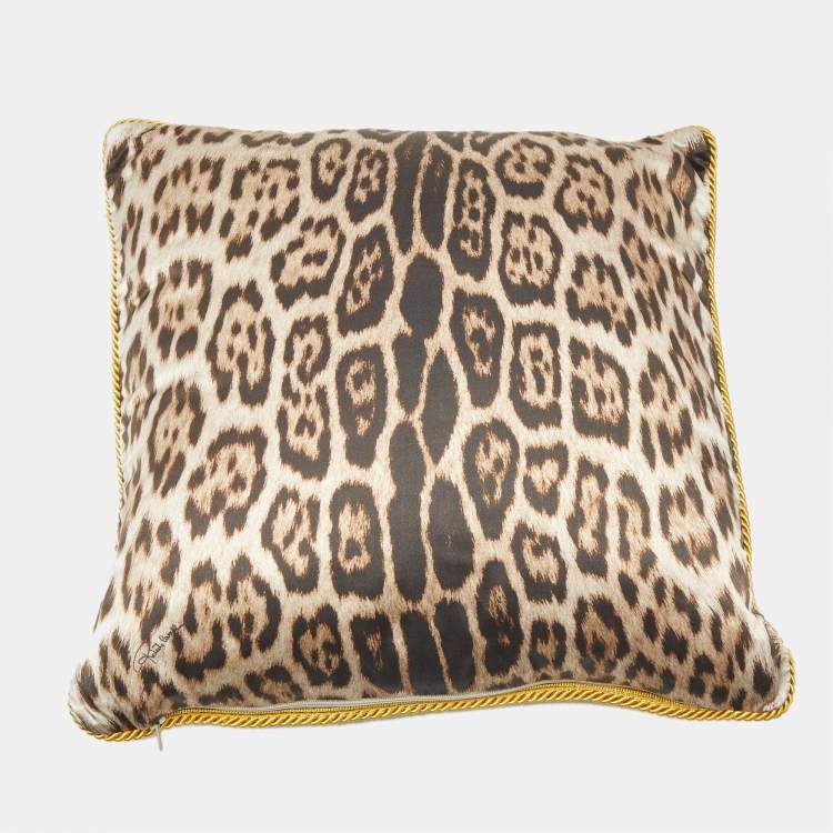 Pre Owned Roberto Cavalli Orange/Brown Leopard Print Satin Silk Cushion 39cm x 39cm