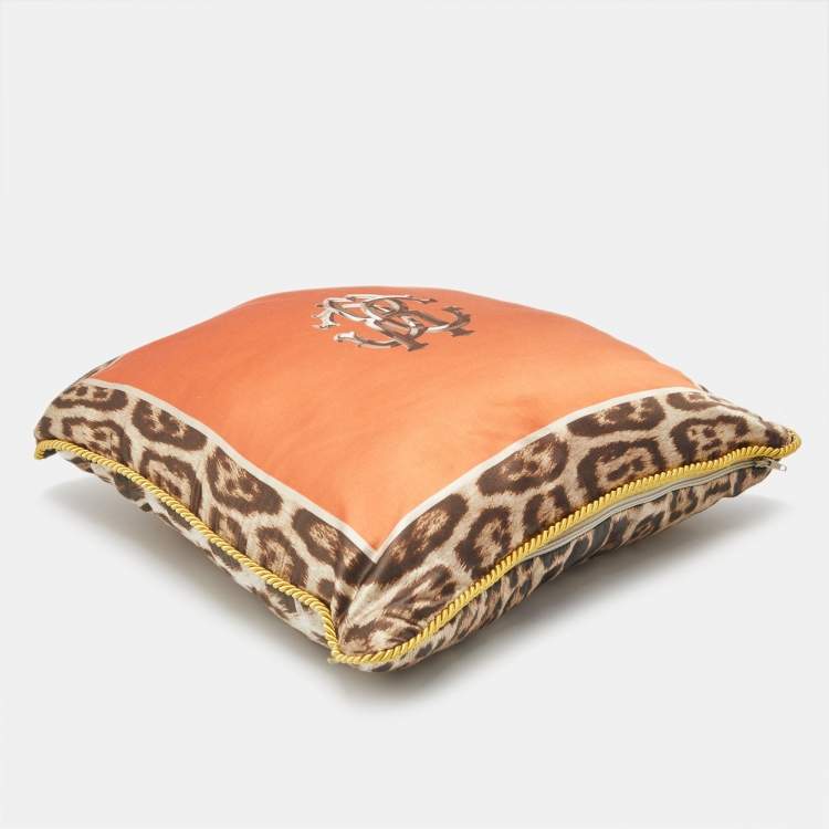 Pre Owned Roberto Cavalli Orange/Brown Leopard Print Satin Silk Cushion 39cm x 39cm