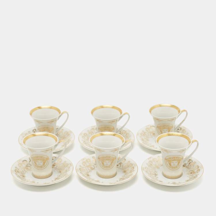 Pre Owned Rosenthal Meets Versace Gold/White Medusa Gala Espresso Cup and Saucer Set Of 6