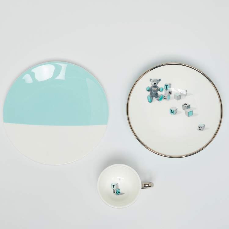 Pre Owned Tiffany & Co. Kid's Fine Bone China Bear and Block 3-Piece Set