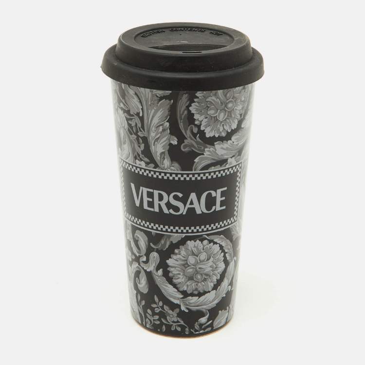 Pre Owned Versace Black & Gray Barocco Travel Mug