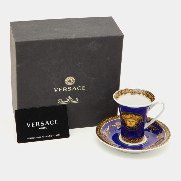 Pre Owned Versace x Rosenthal Blue Porcelain Medusa Tall Cup and Saucer