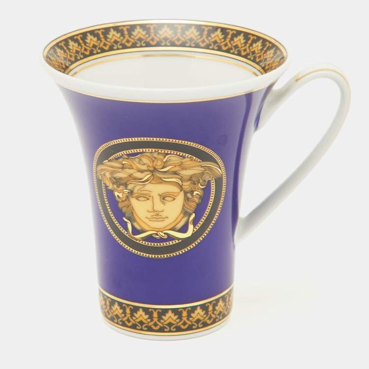 Pre Owned Versace x Rosenthal Blue Porcelain Medusa Tall Cup and Saucer