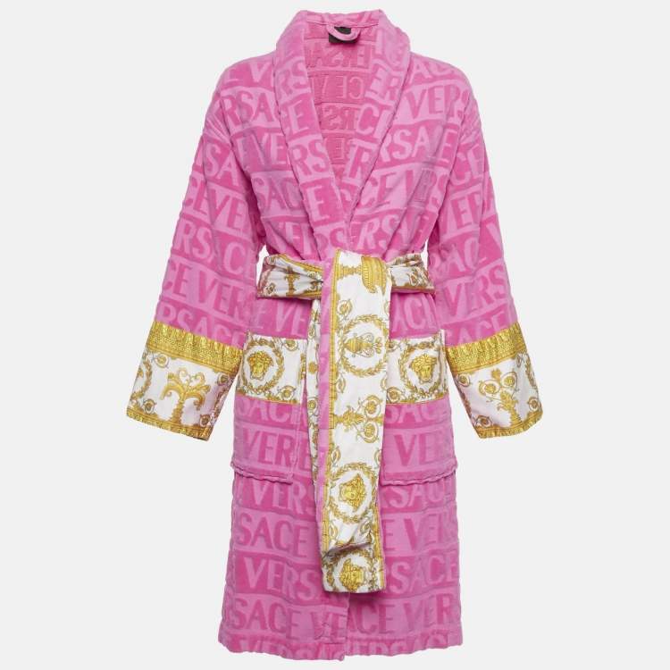 Pre Owned Versace Home Pink Terry Baroque Print Belted Bathrobe S