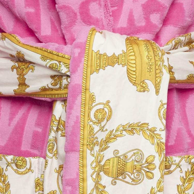 Pre Owned Versace Home Pink Terry Baroque Print Belted Bathrobe S